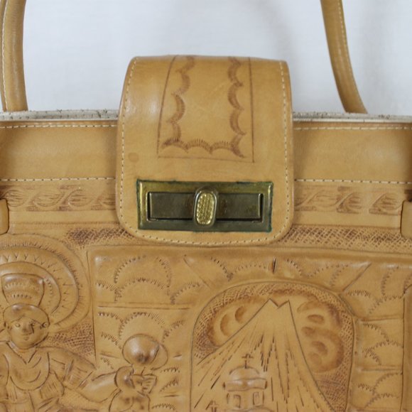 VTG AZTEC MEXICAN LEATHER FIESTA Purse Large Handtooled Tan Leather Shoulder Bag